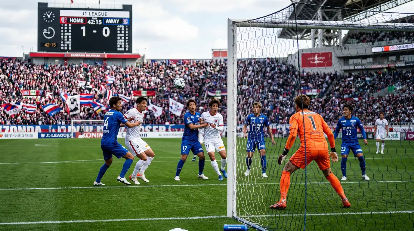 Jugadores de la J1 League disputando un partido en un estadio japonés con grada llena