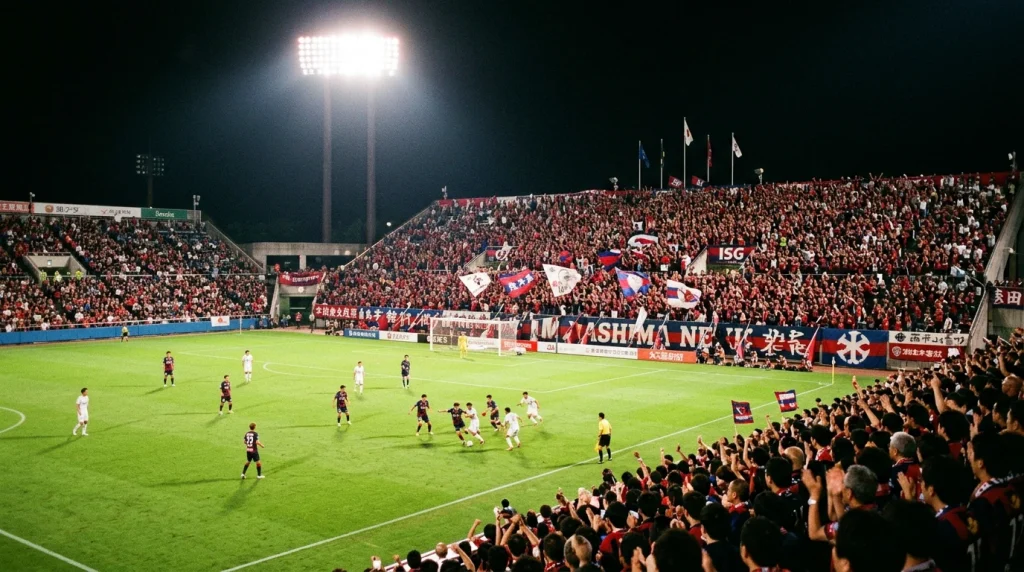 Estadio del Kashima Antlers durante un partido nocturno de la J1 League con las gradas llenas
