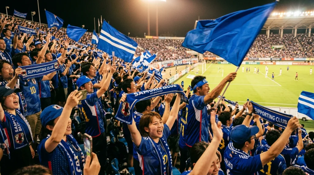 Afición del Kawasaki Frontale celebrando en el estadio durante un partido de la J1 League