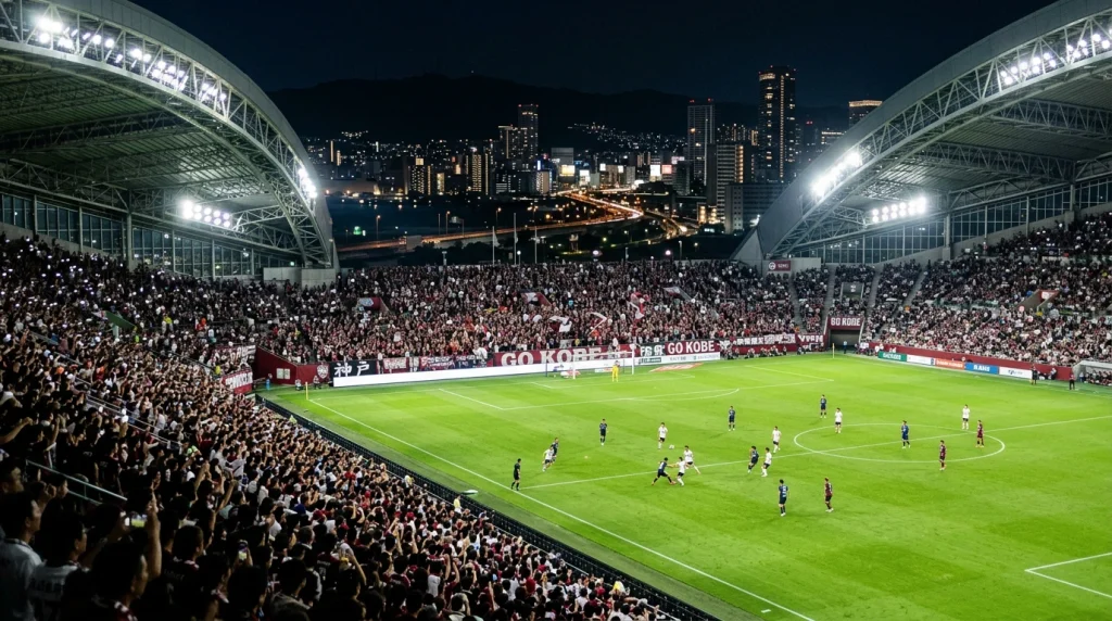 Estadio Noevir de Kobe iluminado durante un partido nocturno del Vissel Kobe en la J1 League