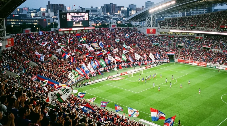Estadio lleno durante un partido de la J1 League con la afición japonesa animando en las gradas