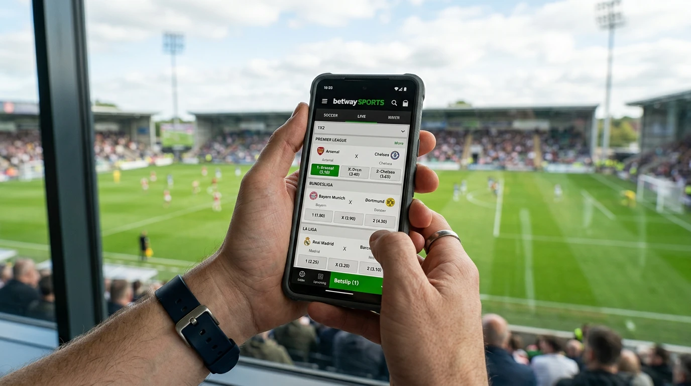 Persona consultando cuotas de fútbol en un teléfono móvil con un campo de fútbol de fondo