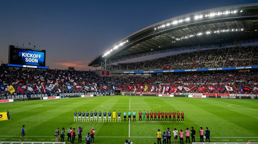 Panorámica de un estadio de la J1 League con los equipos saltando al campo antes del partido