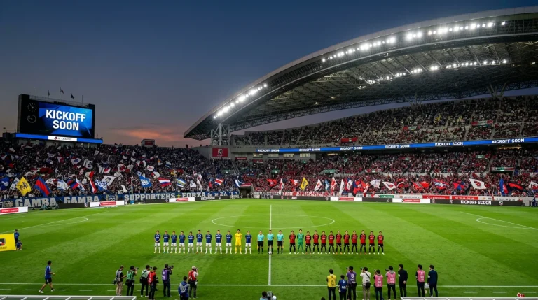 Panorámica de un estadio de la J1 League con los equipos saltando al campo antes del partido