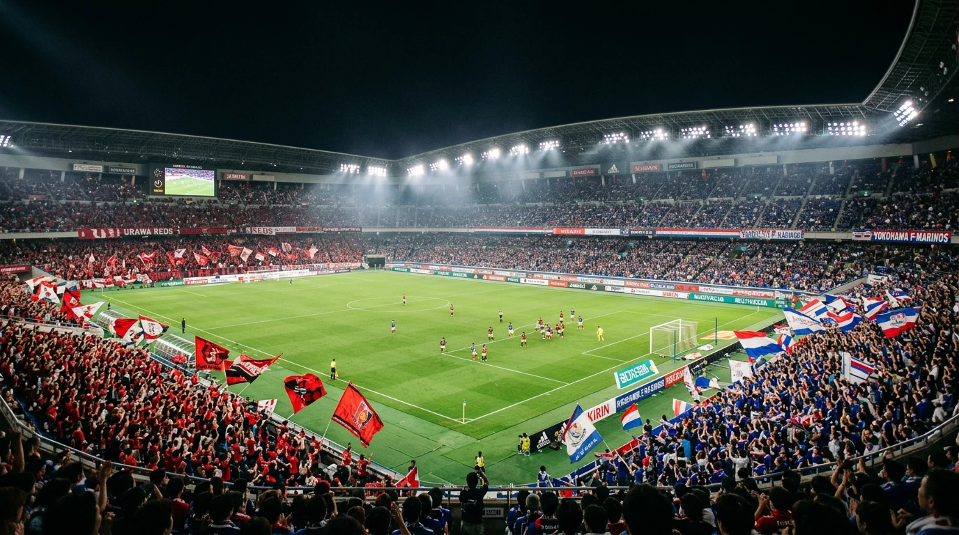 Estadio de fútbol japonés iluminado durante un partido nocturno de la J-League