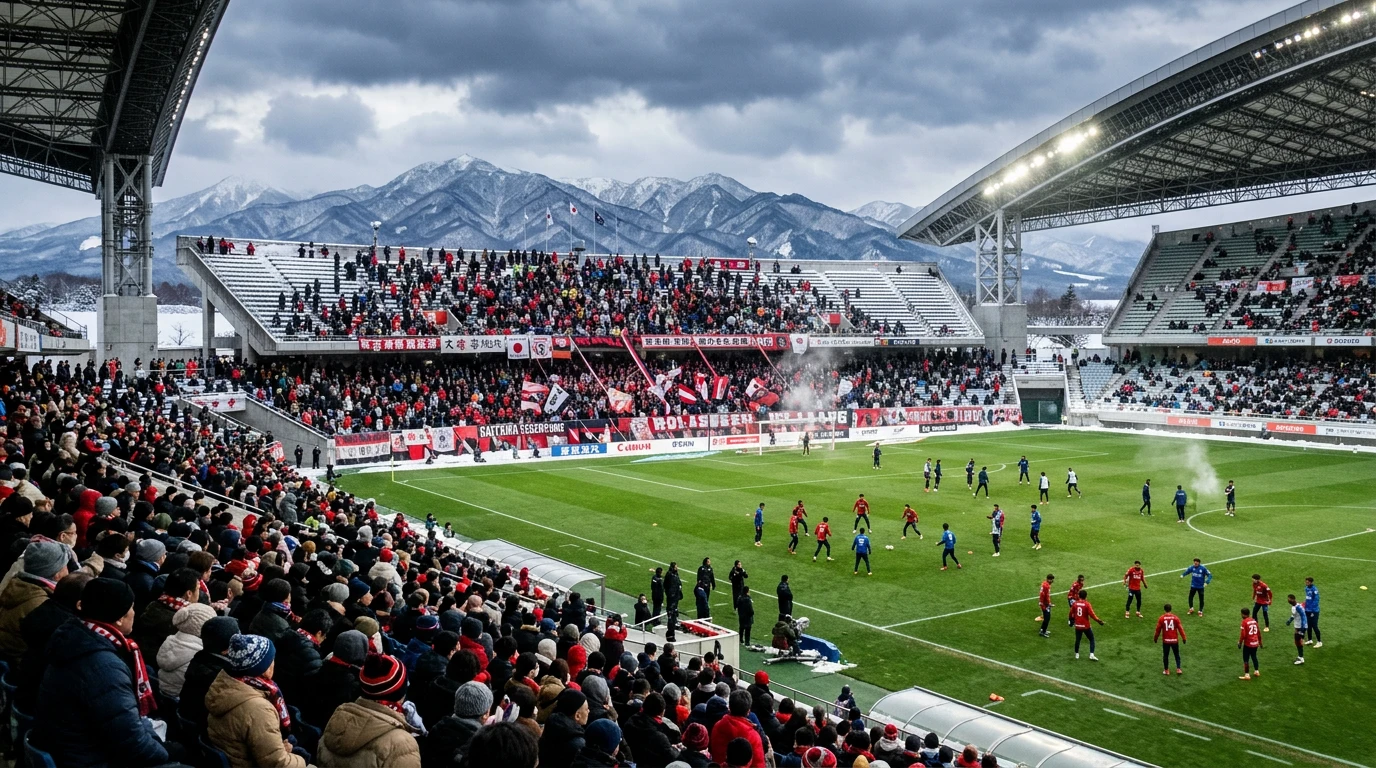 Estadio de fútbol japonés con nieve en las gradas durante un partido invernal de la J-League