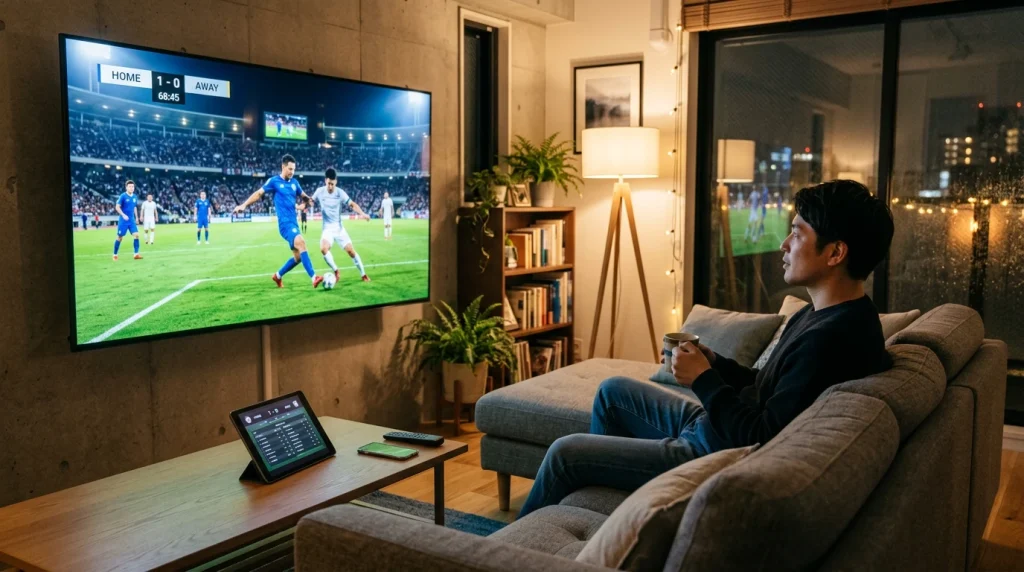 Interfaz de streaming de DAZN mostrando un partido de la J-League en directo con estadísticas en pantalla