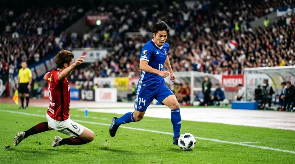 Montaje de jugadores destacados de la J1 League 2025 con estadísticas de rendimiento superpuestas