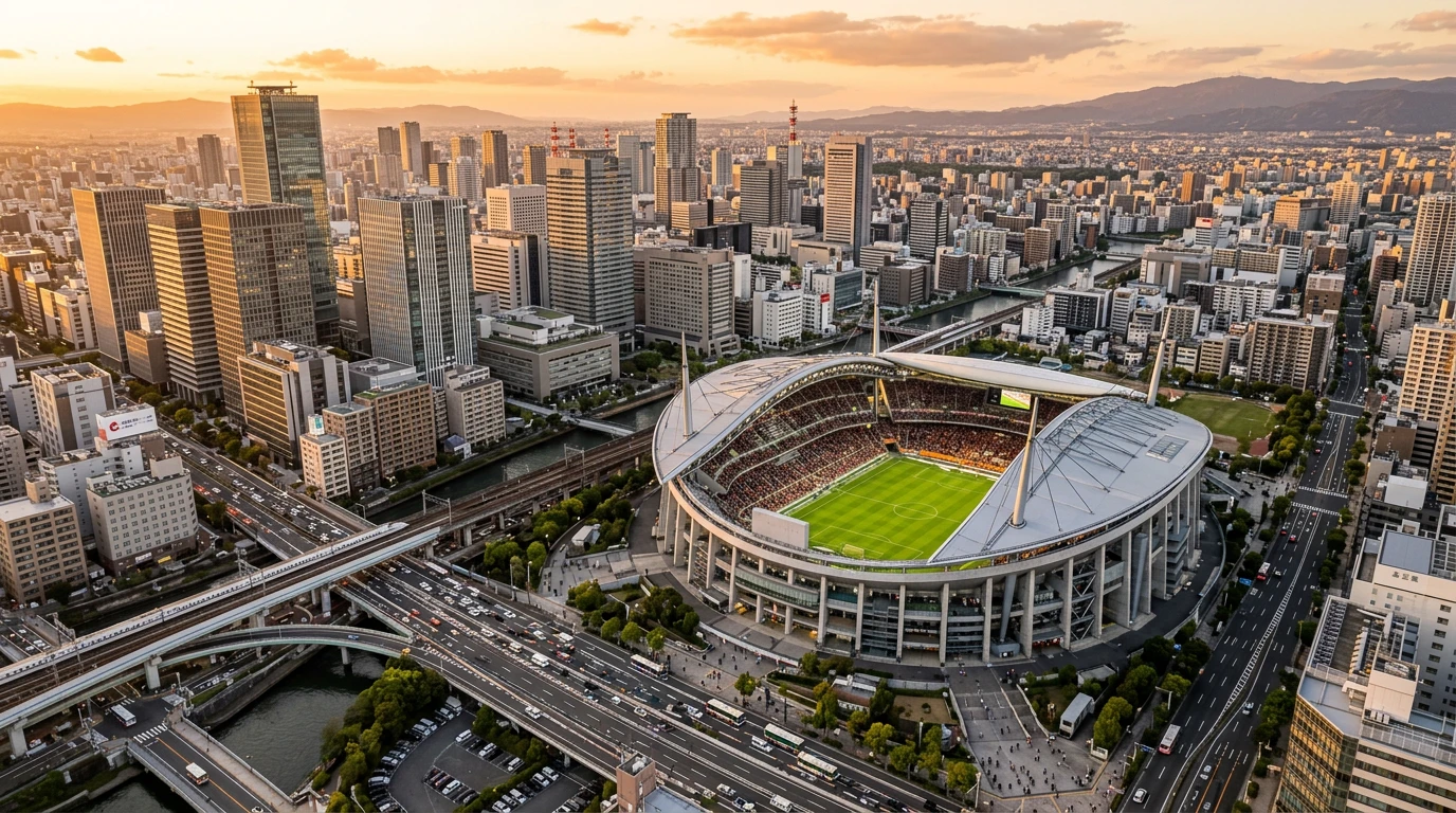 Vista panorámica de la ciudad de Tokio con un estadio de fútbol visible entre los edificios
